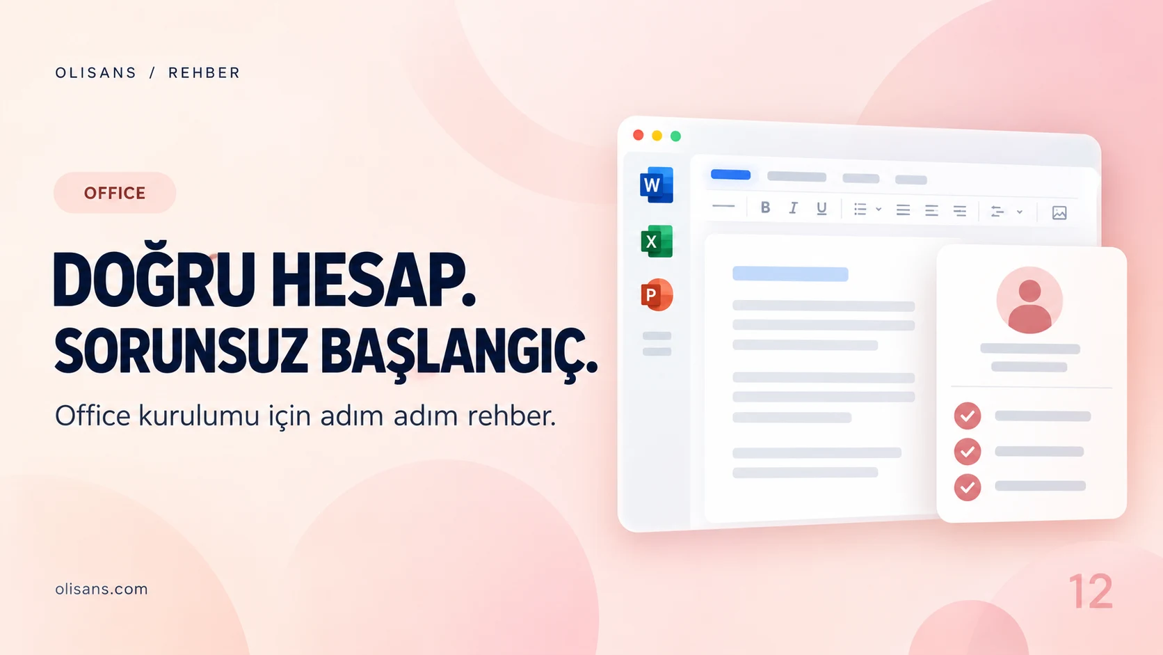 Şeftali tonlarda belge uygulaması, kullanıcı hesabı kartı ve Office kurulum kontrol listesi