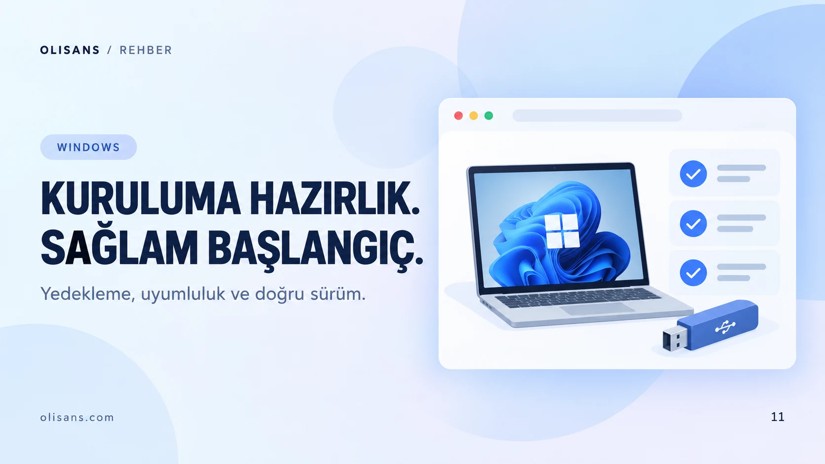 Mavi tonlarda dizüstü bilgisayar, USB bellek ve kurulum hazırlık kontrol listesi